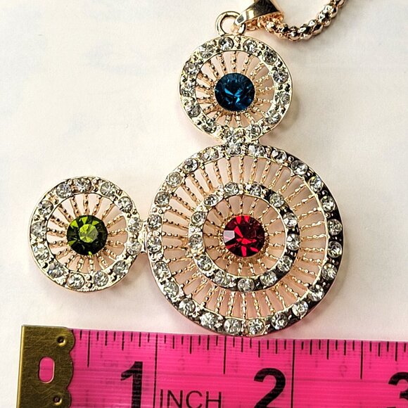 Three Ring Pendant Necklace, Crystal Pendant on a Gold Tone Long Necklace - Picture 5 of 10